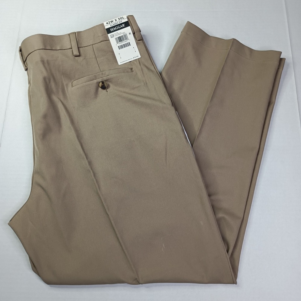 Haggar Cool Right Performance Flex Classic Fit Pants Men's Size 42x30 Khaki New